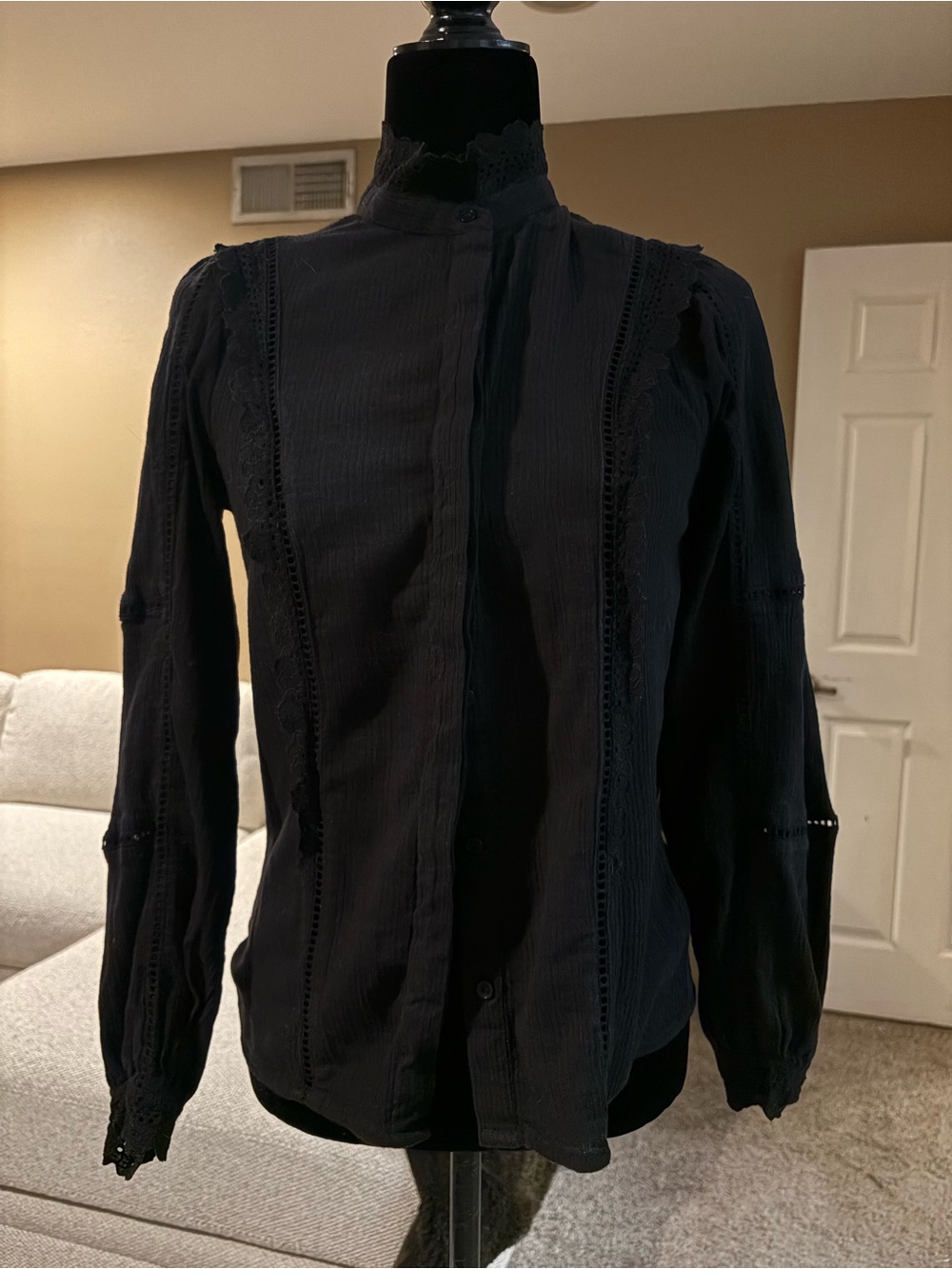 L.O.G.G. H&M Black Lace-Trim High-Neck Women’s hidden button Shirt size 2